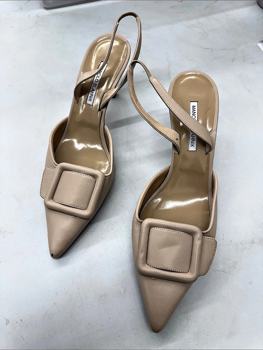 Manolo Blahnik Maysli Leather Buckle Slingback Pumps in Beige